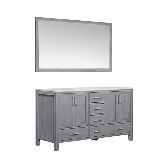 60" Distressed Grey Double Vanity, Quartz Top, Square Sinks, 58" Mirror, Faucets