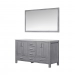 60" Distressed Grey Double Vanity, Quartz Top, Square Sinks, 58" Mirror, Faucets