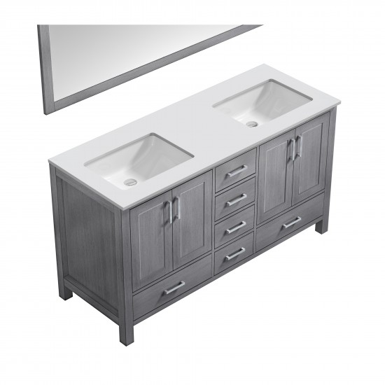 60" Distressed Grey Double Vanity, Quartz Top, Square Sinks, 58" Mirror, Faucets