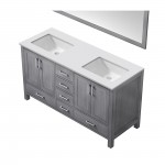 60" Distressed Grey Double Vanity, Quartz Top, Square Sinks, 58" Mirror, Faucets