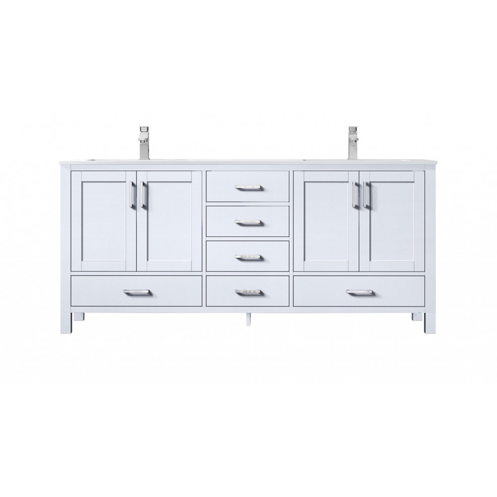 Jacques 72" White Double Vanity, Quartz Top, White Square Sinks and no Mirror