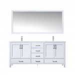 72" White Double Vanity, Quartz Top, White Square Sinks, 70" Mirror w/ Faucets