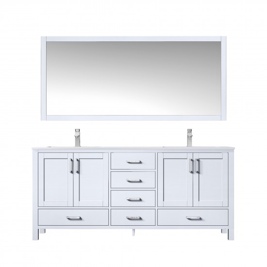 72" White Double Vanity, Quartz Top, White Square Sinks, 70" Mirror w/ Faucets