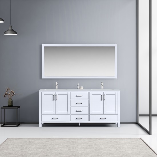 72" White Double Vanity, Quartz Top, White Square Sinks, 70" Mirror w/ Faucets