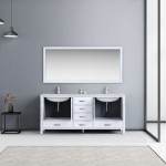 72" White Double Vanity, Quartz Top, White Square Sinks, 70" Mirror w/ Faucets