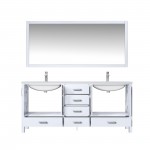 72" White Double Vanity, Quartz Top, White Square Sinks, 70" Mirror w/ Faucets