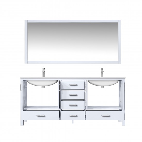 72" White Double Vanity, Quartz Top, White Square Sinks, 70" Mirror w/ Faucets