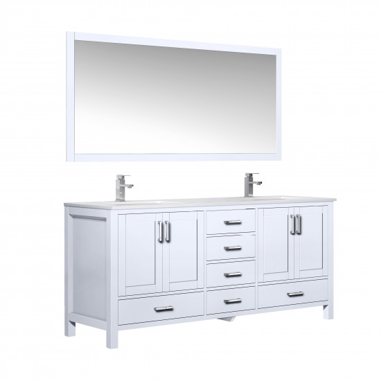 72" White Double Vanity, Quartz Top, White Square Sinks, 70" Mirror w/ Faucets