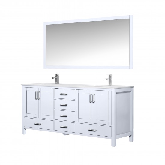 72" White Double Vanity, Quartz Top, White Square Sinks, 70" Mirror w/ Faucets