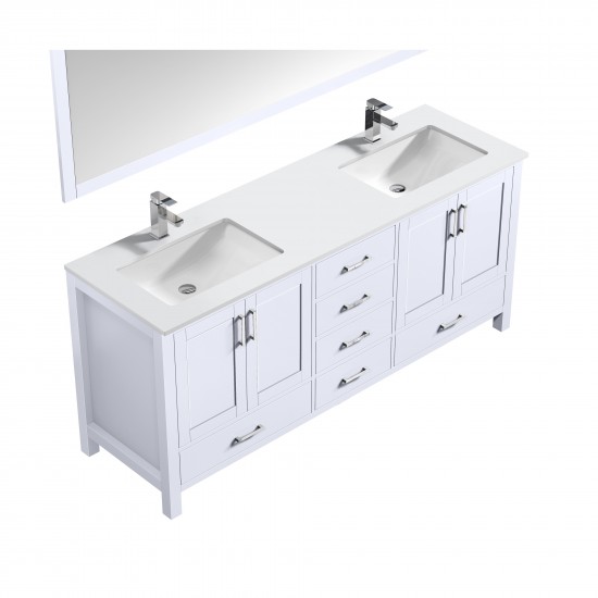 72" White Double Vanity, Quartz Top, White Square Sinks, 70" Mirror w/ Faucets