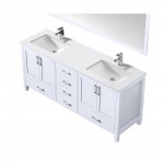 72" White Double Vanity, Quartz Top, White Square Sinks, 70" Mirror w/ Faucets