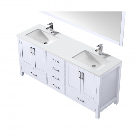 72" White Double Vanity, Quartz Top, White Square Sinks, 70" Mirror w/ Faucets