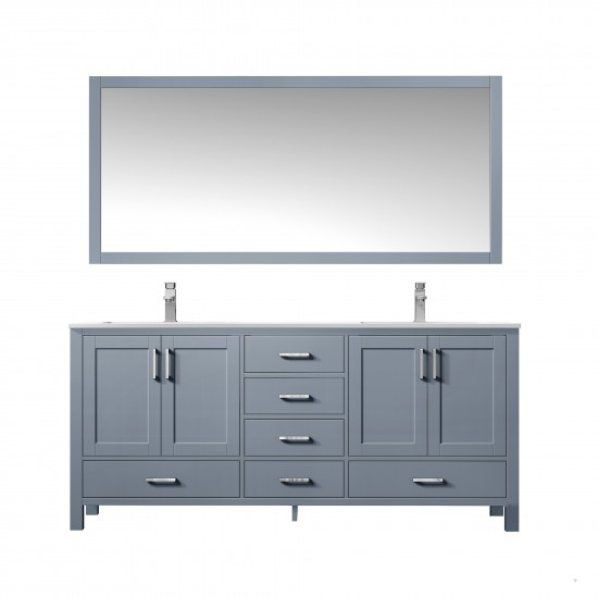 72" Dark Grey Double Vanity, Quartz Top, Square Sinks, 70" Mirror w/ Faucets