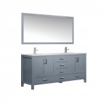 72" Dark Grey Double Vanity, Quartz Top, Square Sinks, 70" Mirror w/ Faucets