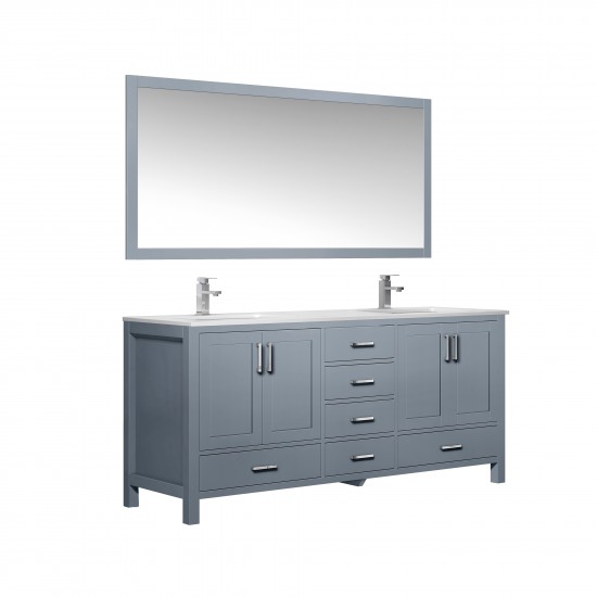 72" Dark Grey Double Vanity, Quartz Top, Square Sinks, 70" Mirror w/ Faucets