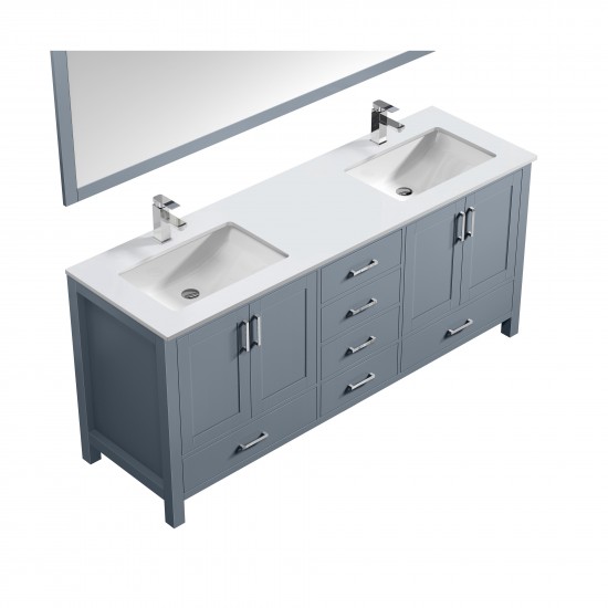 72" Dark Grey Double Vanity, Quartz Top, Square Sinks, 70" Mirror w/ Faucets