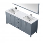 72" Dark Grey Double Vanity, Quartz Top, Square Sinks, 70" Mirror w/ Faucets