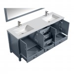 72" Dark Grey Double Vanity, Quartz Top, Square Sinks, 70" Mirror w/ Faucets