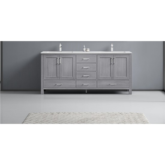 72" Distressed Grey Double Vanity, Quartz Top, White Square Sinks, no Mirror