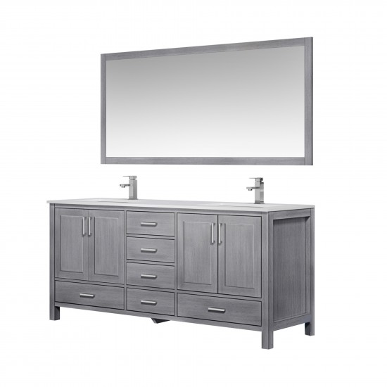 72" Distressed Grey Double Vanity, Quartz Top, White Square Sinks, 70" Mirror