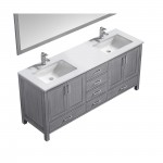 72" Distressed Grey Double Vanity, Quartz Top, White Square Sinks, 70" Mirror
