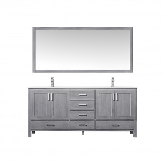 72" Distressed Grey Double Vanity, Quartz Top, Square Sinks, 70" Mirror, Faucets