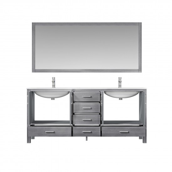 72" Distressed Grey Double Vanity, Quartz Top, Square Sinks, 70" Mirror, Faucets