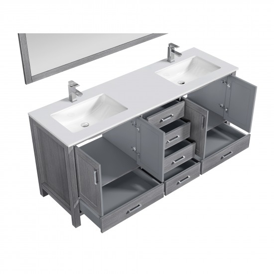 72" Distressed Grey Double Vanity, Quartz Top, Square Sinks, 70" Mirror, Faucets