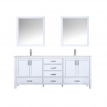 80" White Double Vanity, Quartz Top, White Square Sinks, 30" Mirrors w/ Faucets