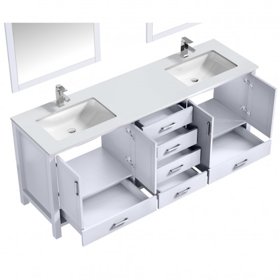 80" White Double Vanity, Quartz Top, White Square Sinks, 30" Mirrors w/ Faucets