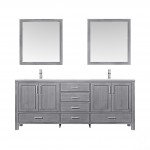 80" Distressed Grey Double Vanity, Quartz Top, Square Sinks, 30"Mirrors, Faucets