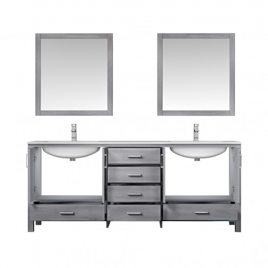 80" Distressed Grey Double Vanity, Quartz Top, Square Sinks, 30"Mirrors, Faucets