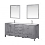 80" Distressed Grey Double Vanity, Quartz Top, Square Sinks, 30"Mirrors, Faucets