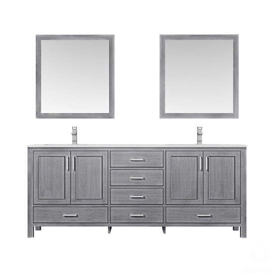 80" Distressed Grey Double Vanity, Quartz Top, Square Sinks, 30"Mirrors, Faucets