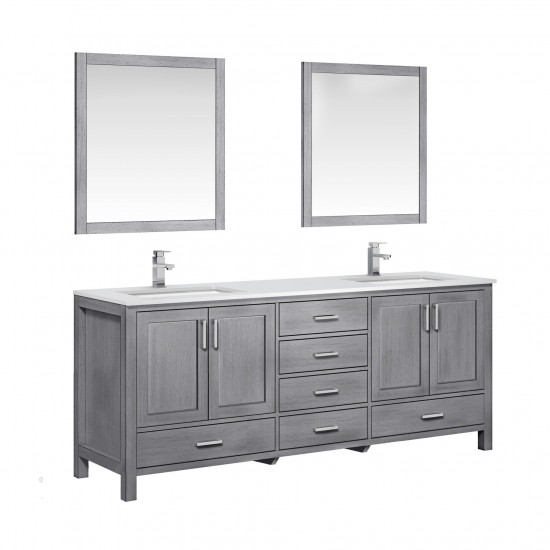 80" Distressed Grey Double Vanity, Quartz Top, Square Sinks, 30"Mirrors, Faucets