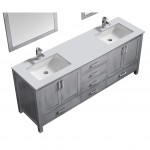 80" Distressed Grey Double Vanity, Quartz Top, Square Sinks, 30"Mirrors, Faucets