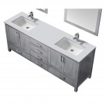 80" Distressed Grey Double Vanity, Quartz Top, Square Sinks, 30"Mirrors, Faucets