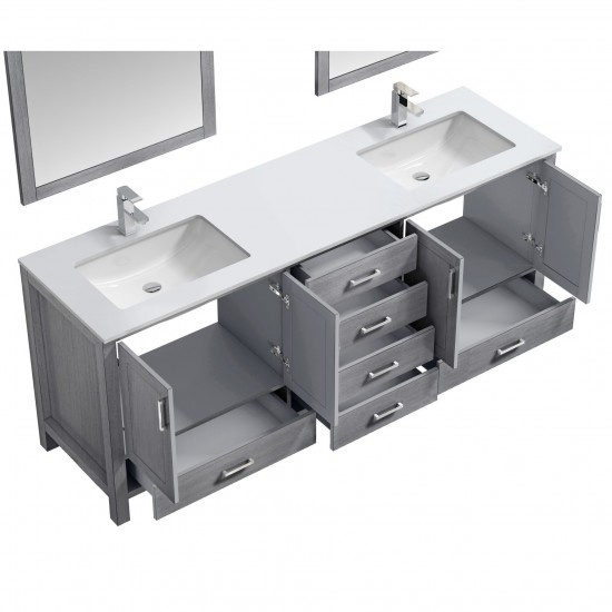 80" Distressed Grey Double Vanity, Quartz Top, Square Sinks, 30"Mirrors, Faucets