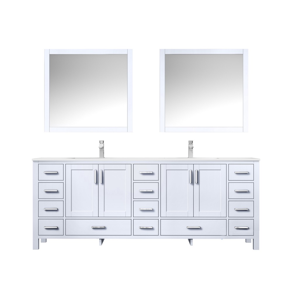 Jacques 84" White Double Vanity, Quartz Top, White Square Sinks and 34" Mirrors