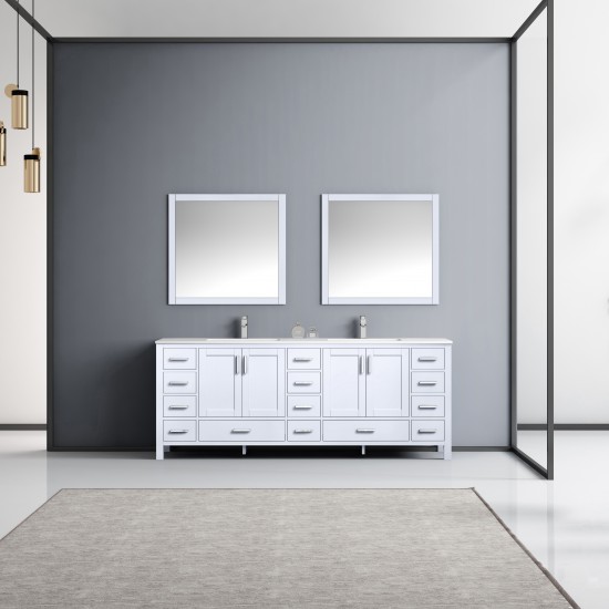 Jacques 84" White Double Vanity, Quartz Top, White Square Sinks and 34" Mirrors