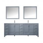 84" Dark Grey Double Vanity, Quartz Top, Square Sinks, 34" Mirrors w/ Faucets