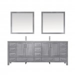 84" Distressed Grey Double Vanity, Quartz Top, White Square Sinks, 34" Mirrors