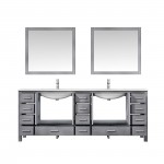 84" Distressed Grey Double Vanity, Quartz Top, White Square Sinks, 34" Mirrors