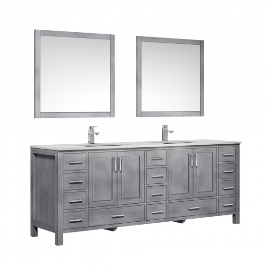 84" Distressed Grey Double Vanity, Quartz Top, White Square Sinks, 34" Mirrors