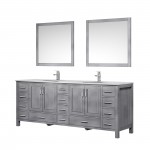 84" Distressed Grey Double Vanity, Quartz Top, White Square Sinks, 34" Mirrors