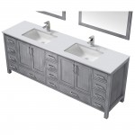 84" Distressed Grey Double Vanity, Quartz Top, White Square Sinks, 34" Mirrors