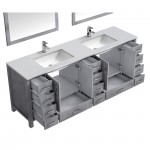 84" Distressed Grey Double Vanity, Quartz Top, White Square Sinks, 34" Mirrors