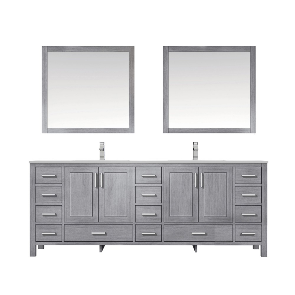 84" Distressed Grey Double Vanity, Quartz Top, Square Sinks, 34"Mirrors, Faucets