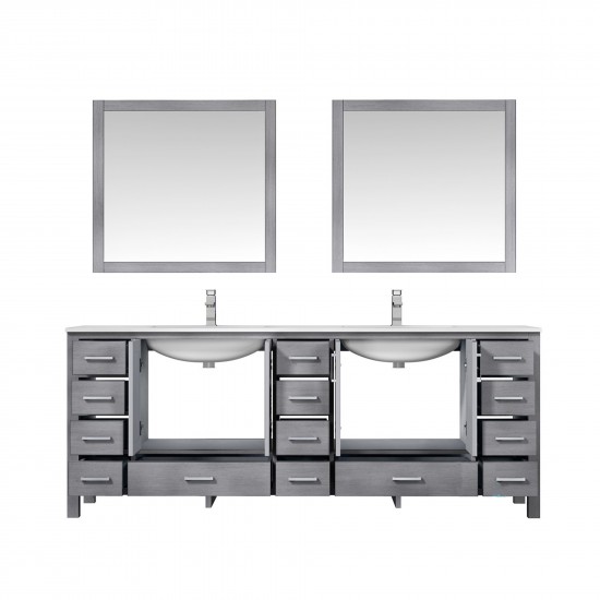 84" Distressed Grey Double Vanity, Quartz Top, Square Sinks, 34"Mirrors, Faucets