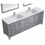 84" Distressed Grey Double Vanity, Quartz Top, Square Sinks, 34"Mirrors, Faucets